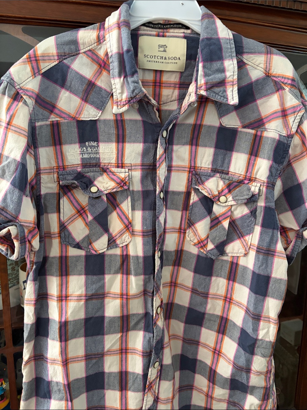 Scotch & Soda Pink, Navy and White Plaid Short-Sleeve Button-Down Shirt